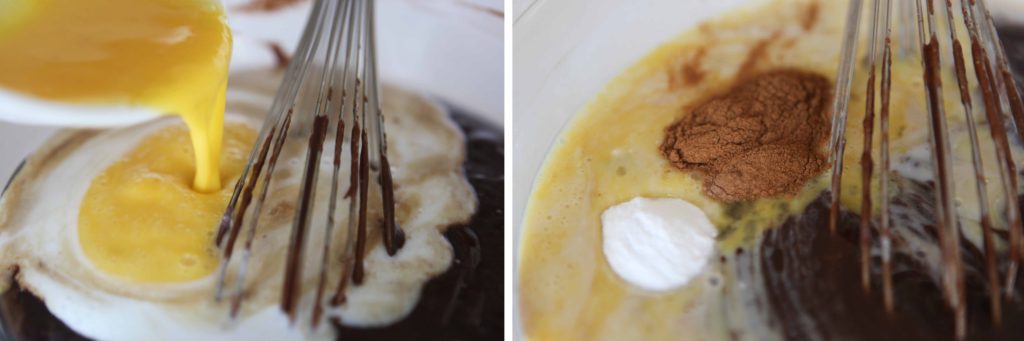 Add buttermilk, vanilla, eggs, cinnamon, and baking powder, and mix just until completely incorporated.