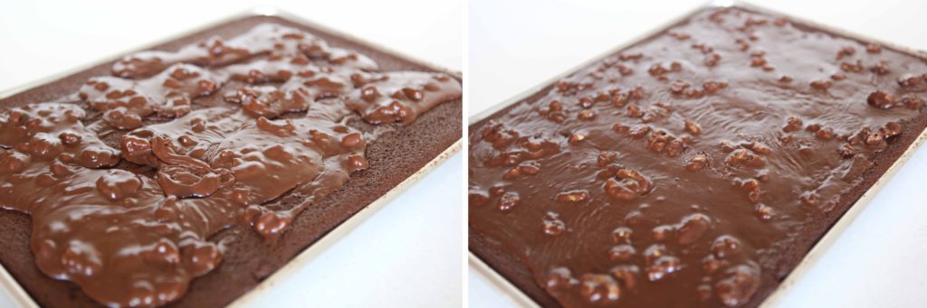 Pour frosting on hot cake, and gently spread. Be especially careful if you added nuts, as they tear into the fragile cake.