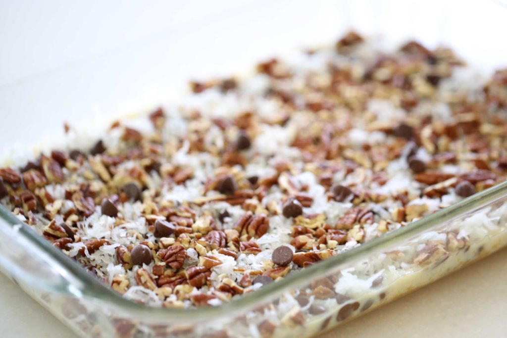 Just for fun, sprinkle the top with a few more chocolate chips. Bake at 350 for 20-30 minutes. Watch carefully.