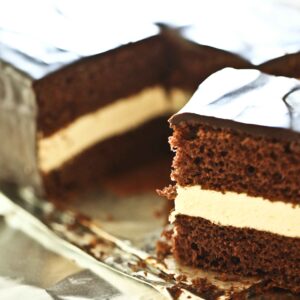 Homemade chocolate cake with cream filling and chocolate ganache topping